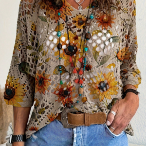 Floral & Sunflower Print Hollow Out Knit Top